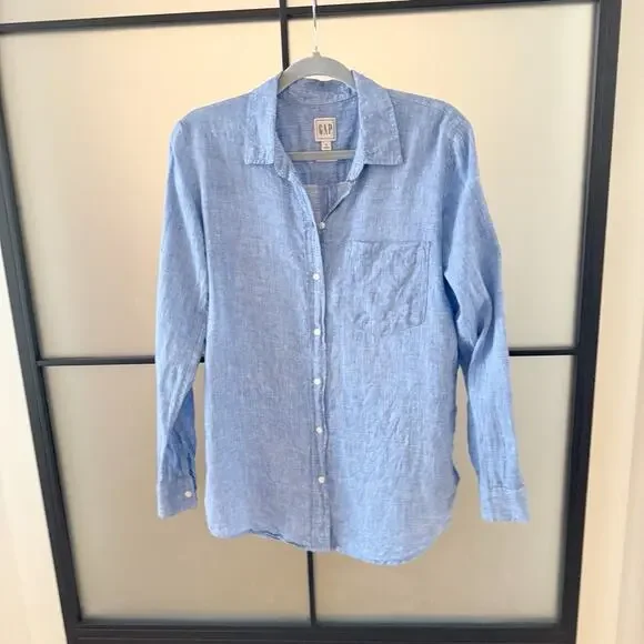 Gap Boyfriend Oversized 100% Linen Blouse Top Women’s Small Blue - Picture 6 of 15